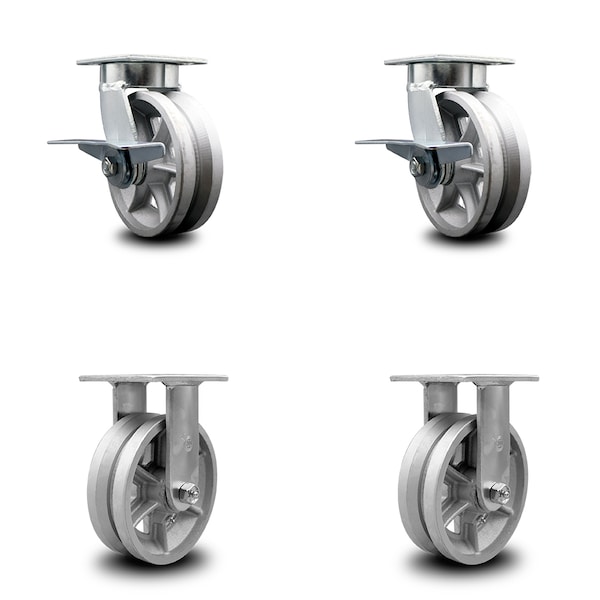 6 Inch Kingpinless V Groove Semi Steel Wheel Caster Brakes 2 Rigid SCC, 2PK